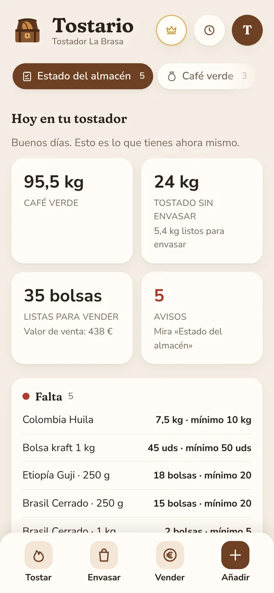 Tostario en el móvil, con los botones Tostar, Envasar y Vender abajo